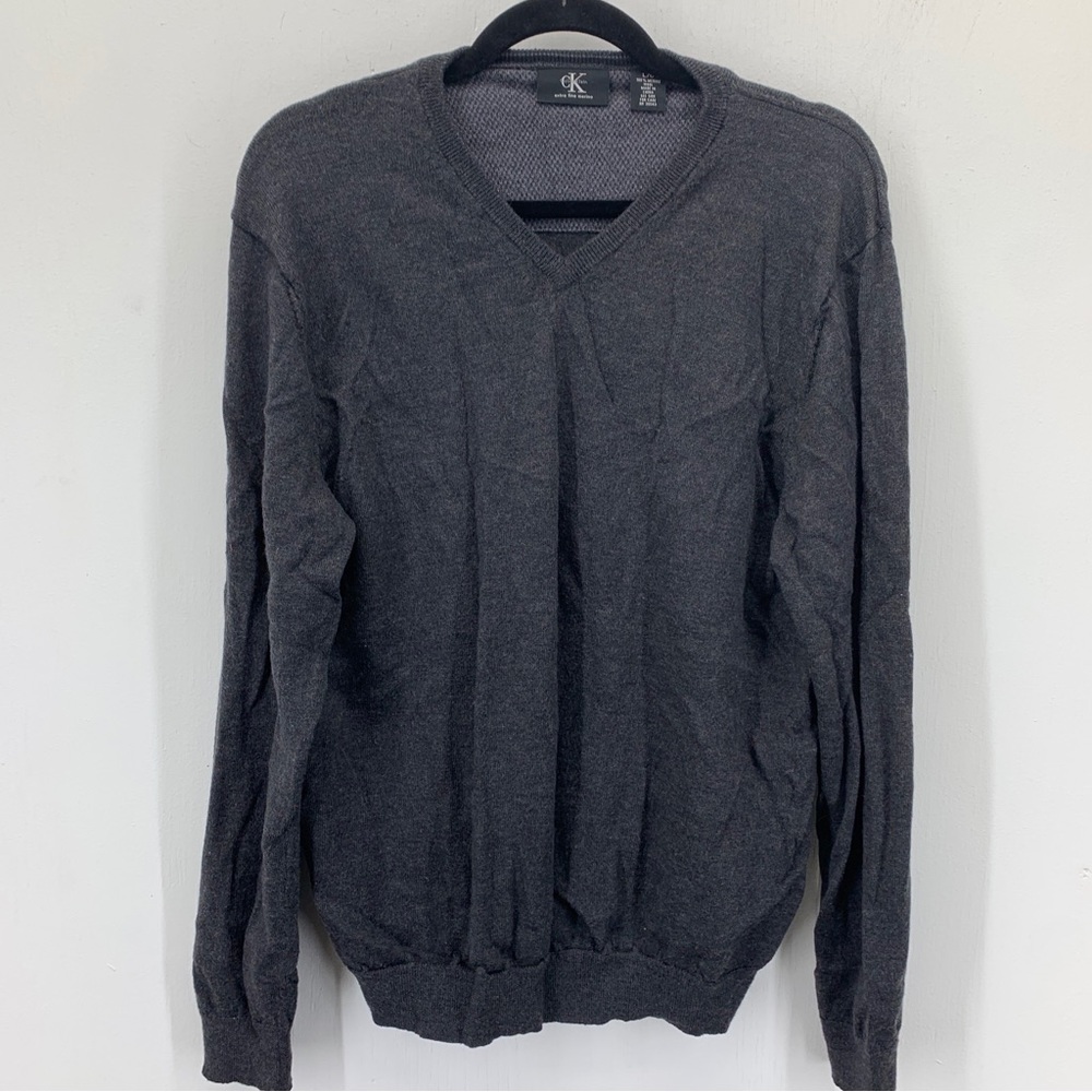 Calvin Klein Mens Large V Neck Pullover Sweater Preppy Business Layer Gray‎ Wool